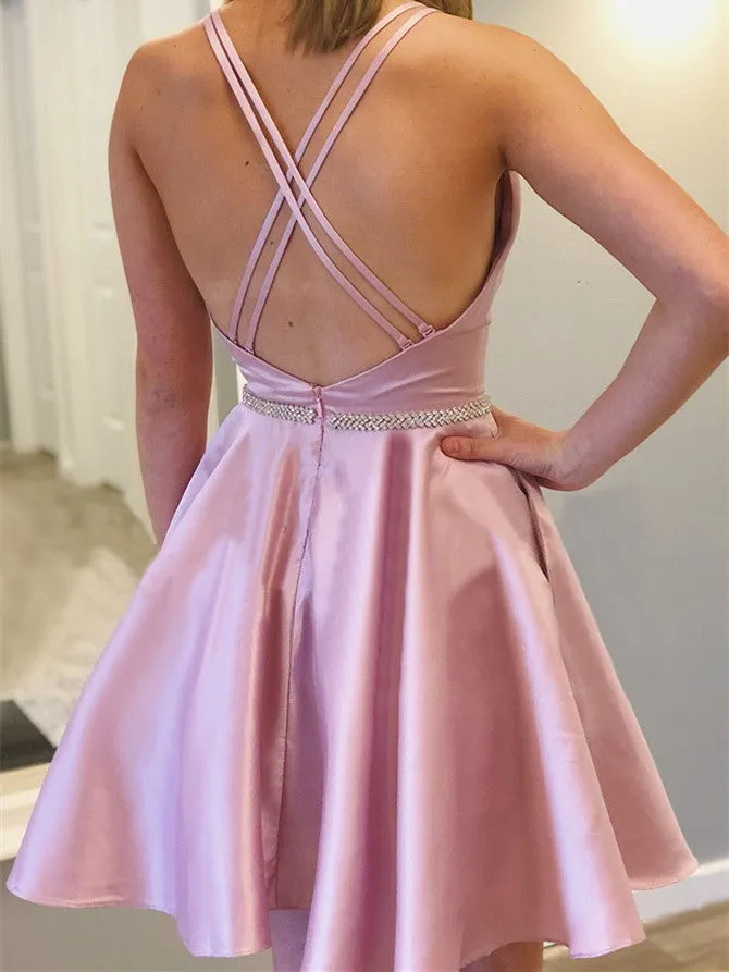 Modern Bateau Satin A-line Homecoming Dresses With Beads HD272
