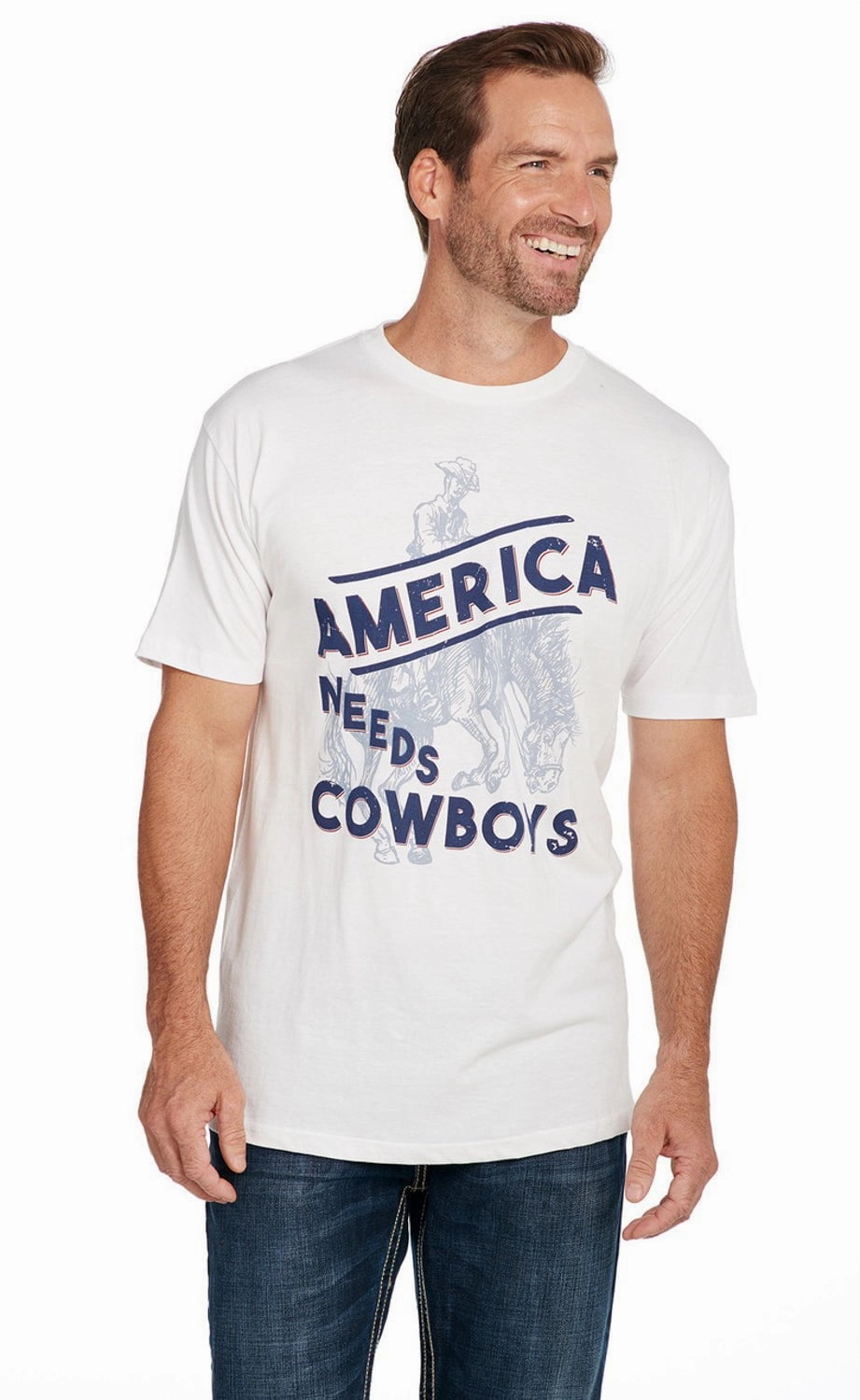 fade resistant color Cowboy Up Mens America Needs Cowboys White 100% Cotton S/S T-Shirt