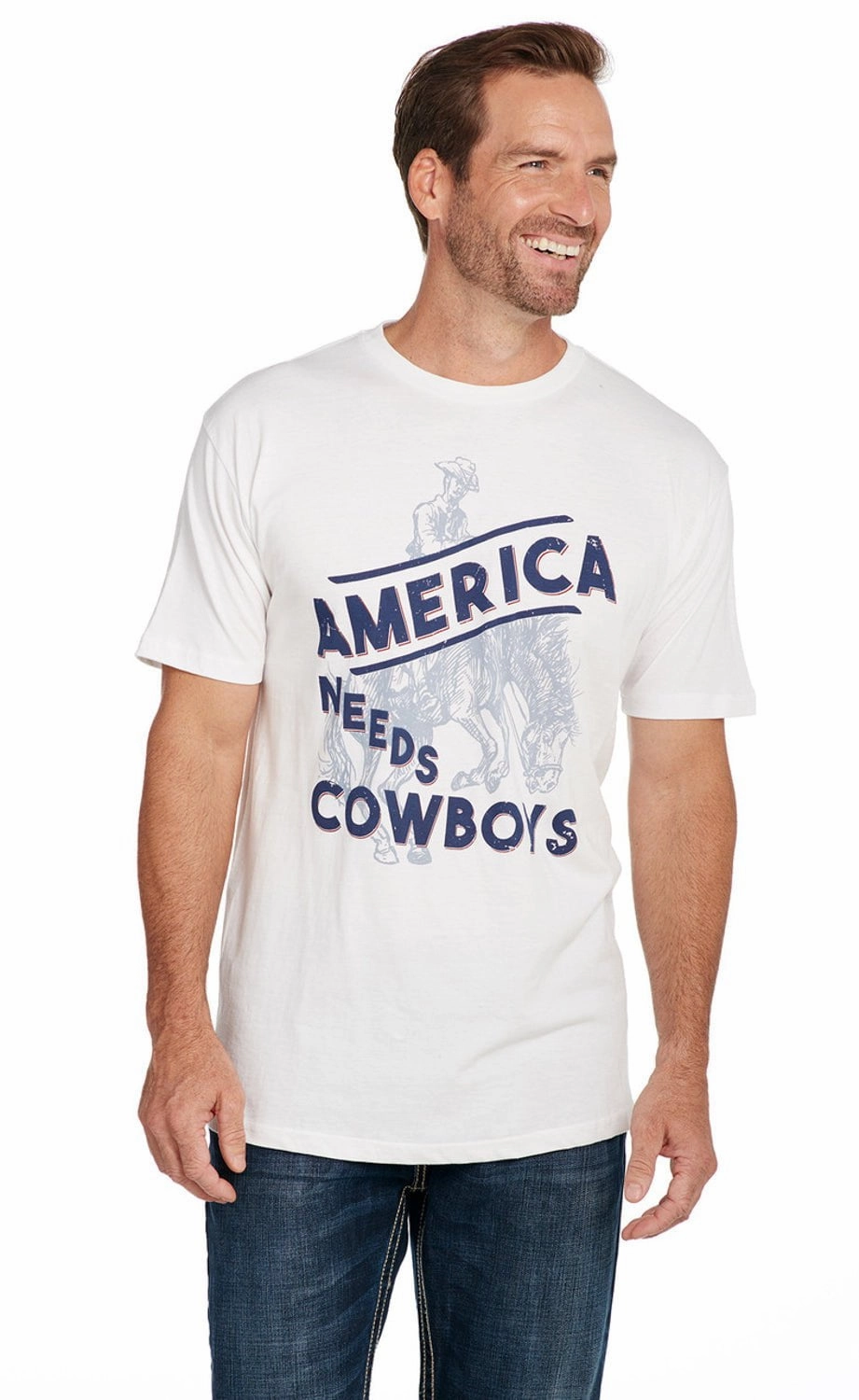 Cowboy Up Mens America Needs Cowboys White 100% Cotton S/S T-Shirt Cozy Fit ZeroWaste Production