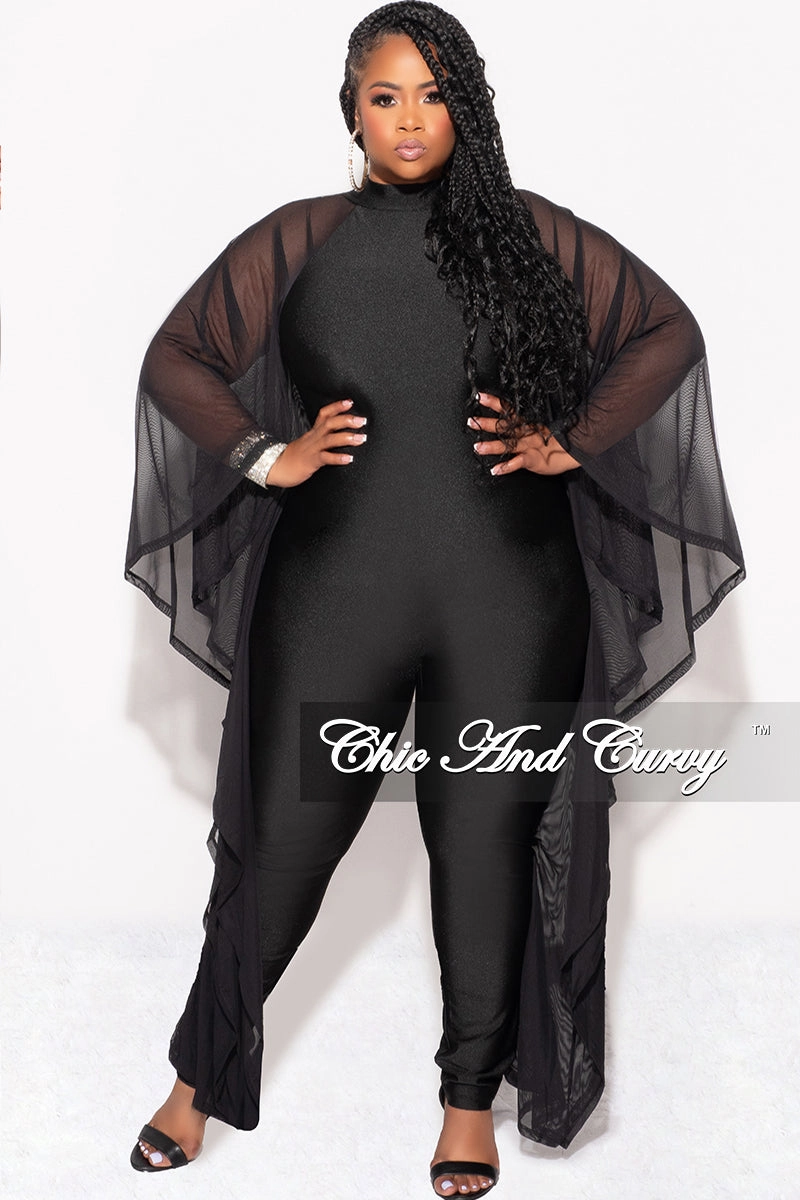 Final Sale Plus Size Shiny Jumpsuit with Sheer Cape Sleeves in Black Smooth Texture AntiSlipGrip