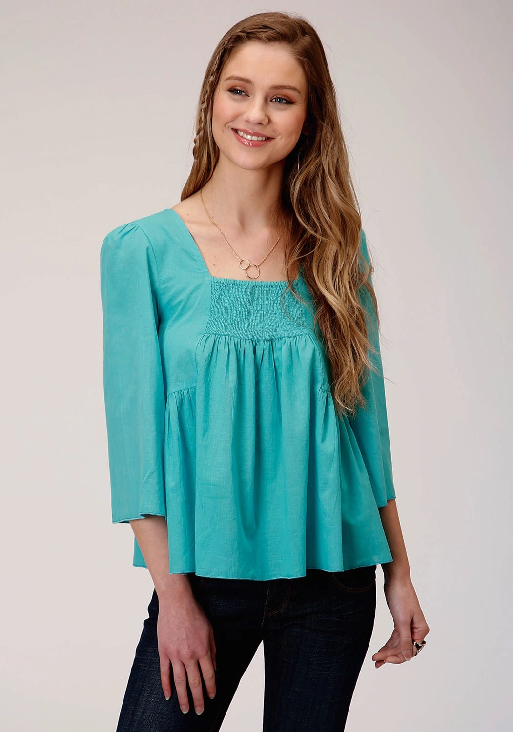 Roper Womens Turquoise 100% Cotton Bell Sleeve S/S Blouse Sporty Comfort