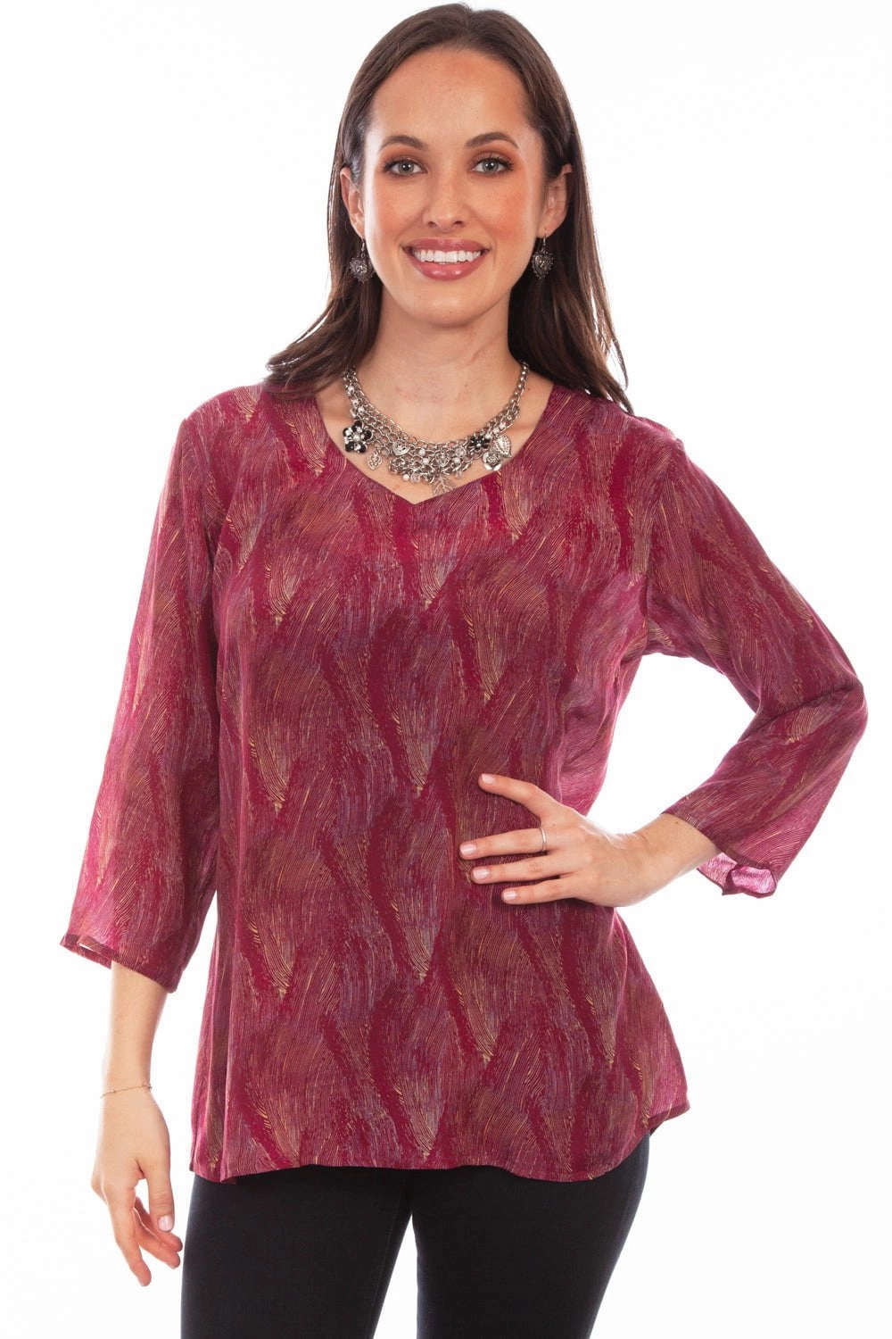 Sporty Appeal Layered Sleeve Cuffs Scully Womens Fuschia Rayon Pullover Drape S/S Blouse