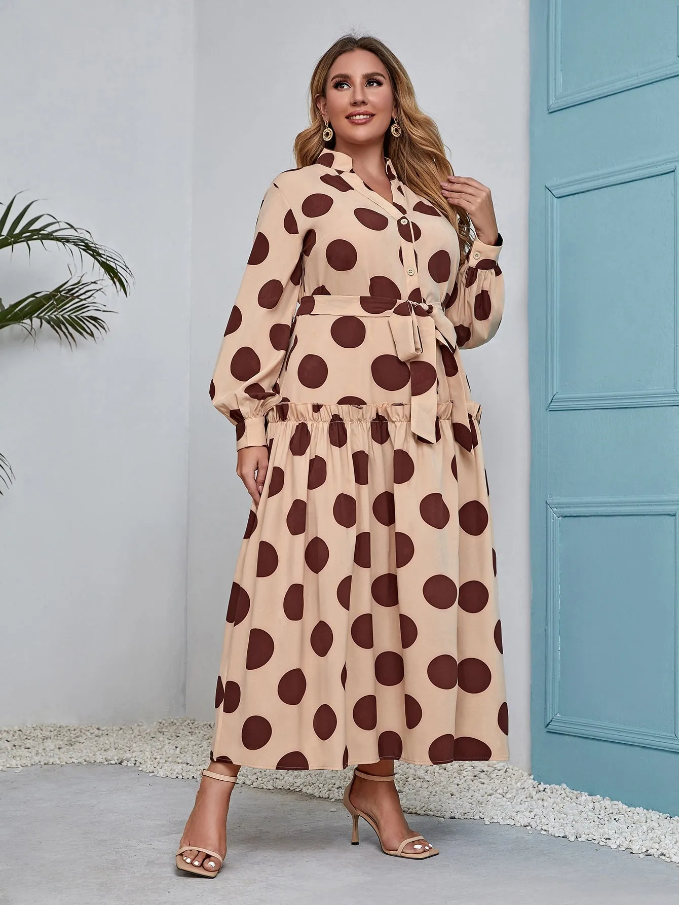 Modest Polka Dot Button Front Long Sleeve Collar Flounce High Waist Long Plus Size Dress