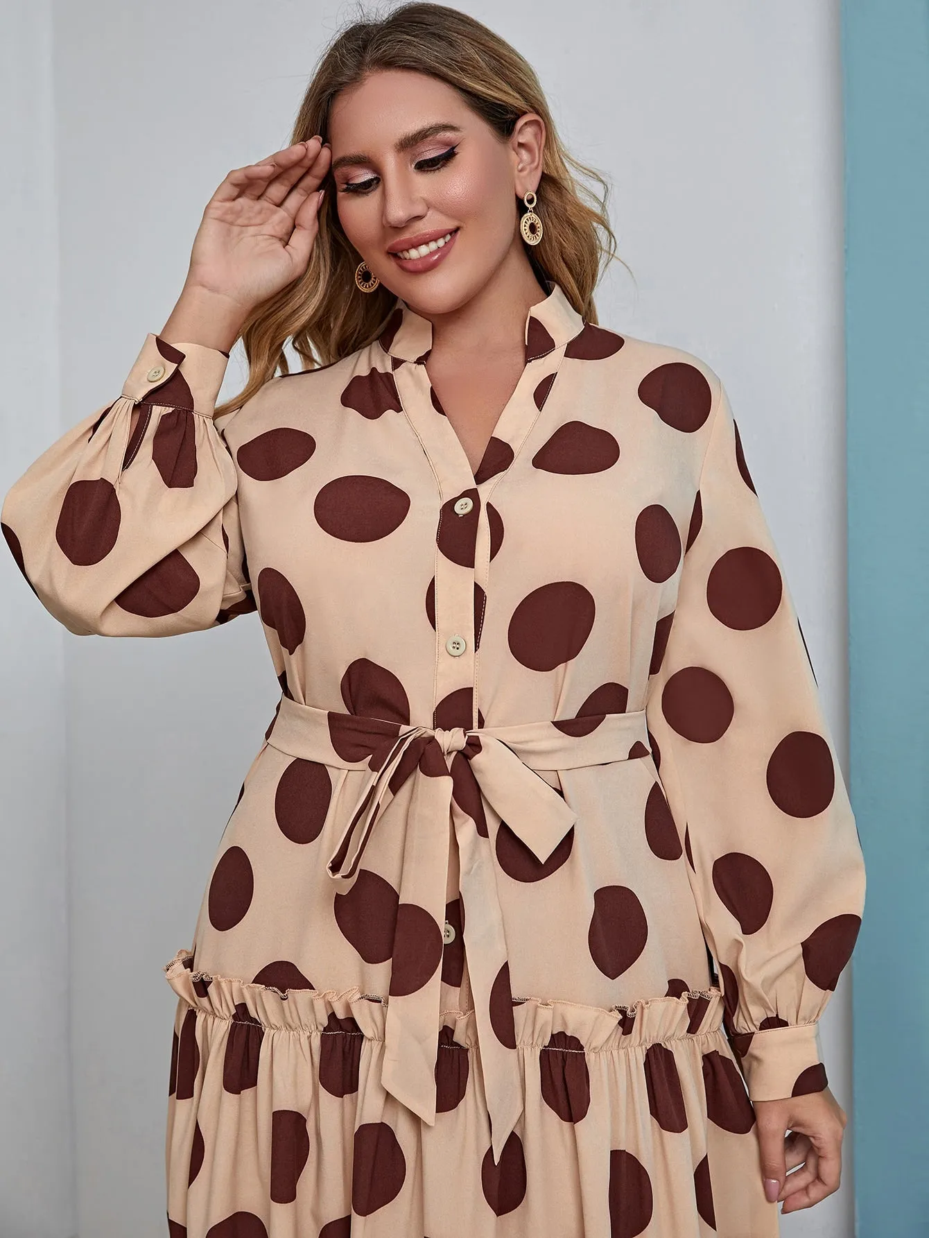 Modest Polka Dot Button Front Long Sleeve Collar Flounce High Waist Long Plus Size Dress