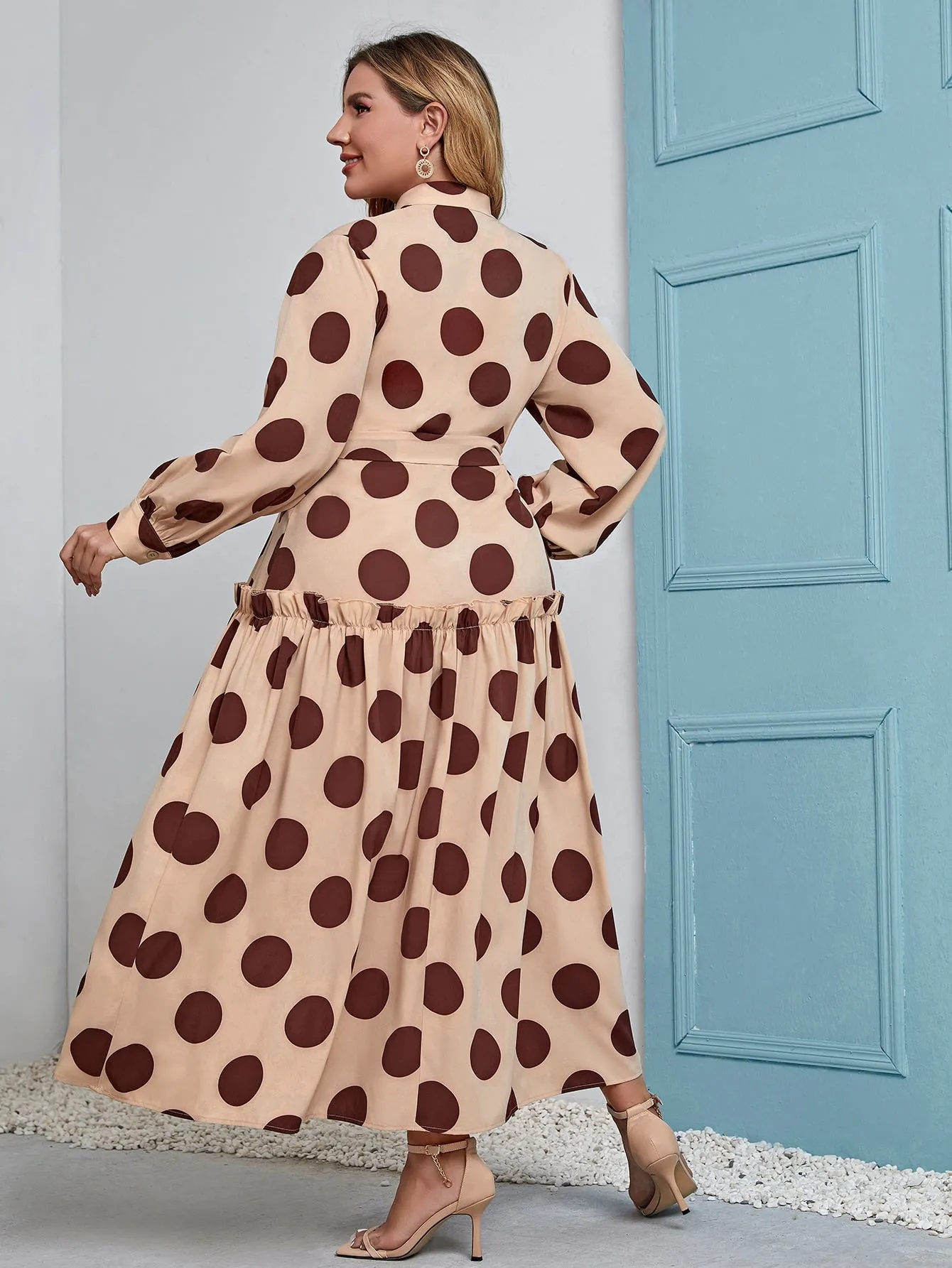 Modest Polka Dot Button Front Long Sleeve Collar Flounce High Waist Long Plus Size Dress
