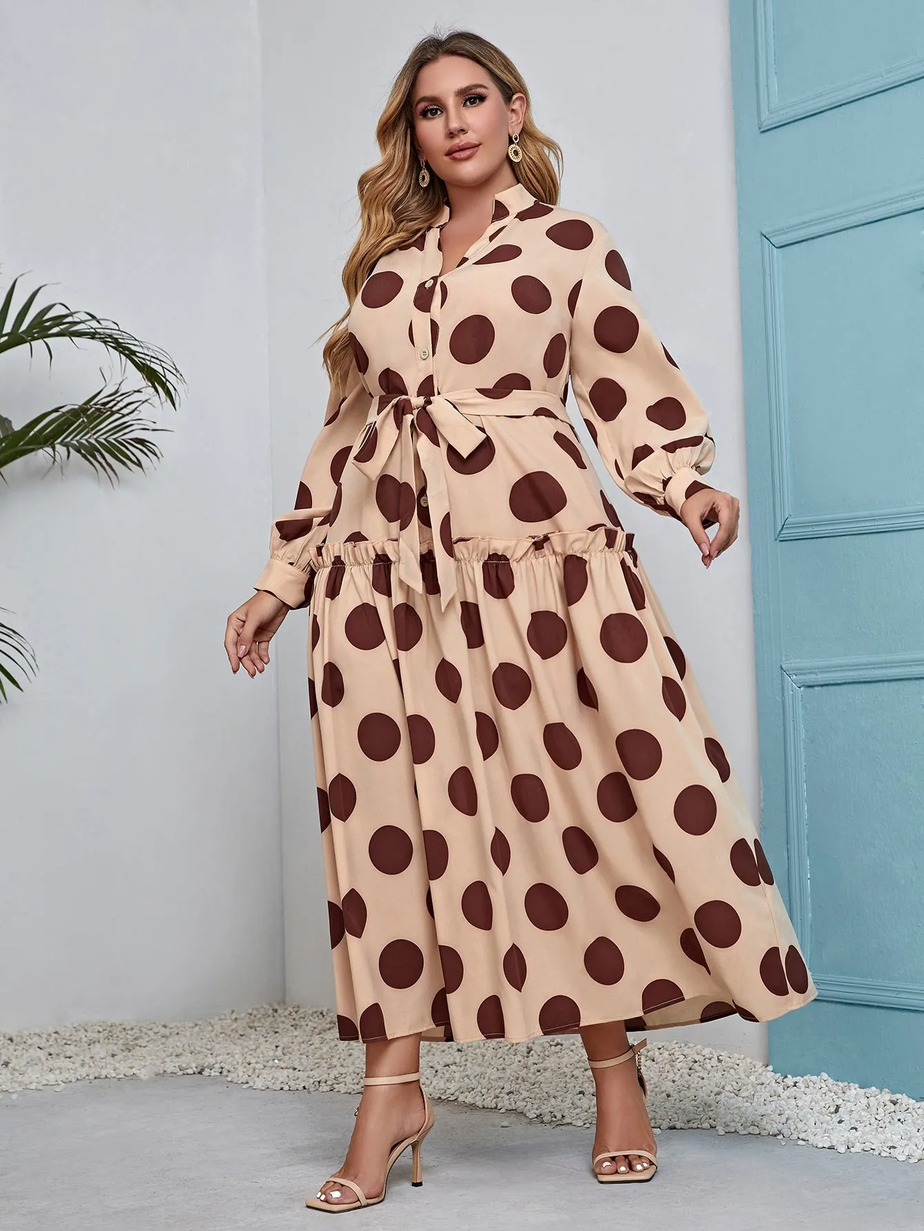 Modest Polka Dot Button Front Long Sleeve Collar Flounce High Waist Long Plus Size Dress