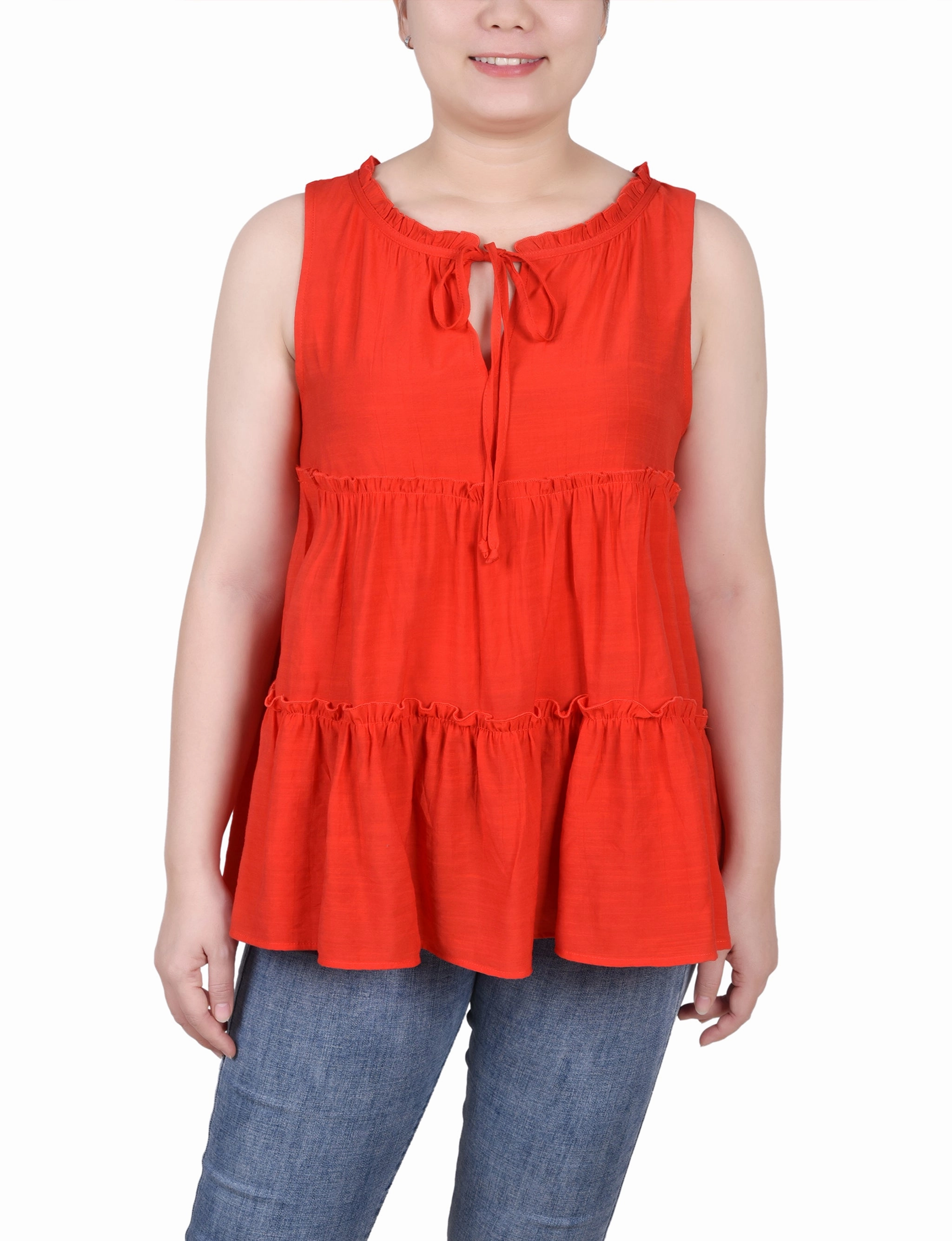 Stretch Fit Ultraviolet Protection Finish Petite Sleeveless Tiered Blouse