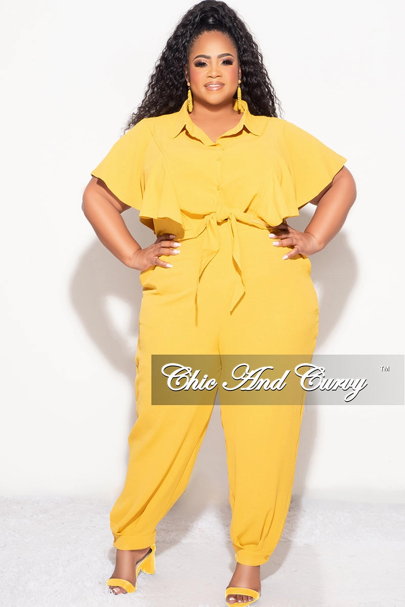 Final Sale Plus Size 2pc Button Up Collar Top and Pants Set in Mustard Sustainable Material Blend Full Comfort