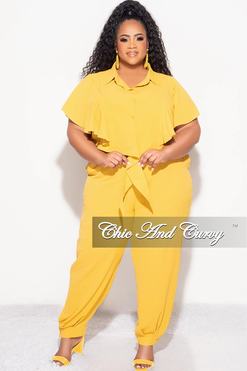 Urban Style Final Sale Plus Size 2pc Button Up Collar Top and Pants Set in Mustard