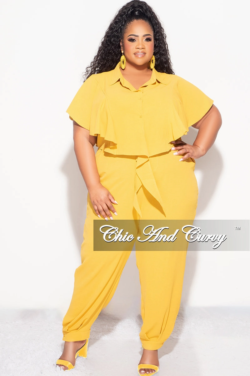 Body Ready AllDayComfort Final Sale Plus Size 2pc Button Up Collar Top and Pants Set in Mustard
