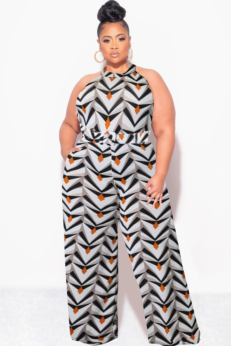 Final Sale Plus Size Halter Jumpsuit with Attached Belt in White Black Grey and Orange Design Print Light support Tagless label