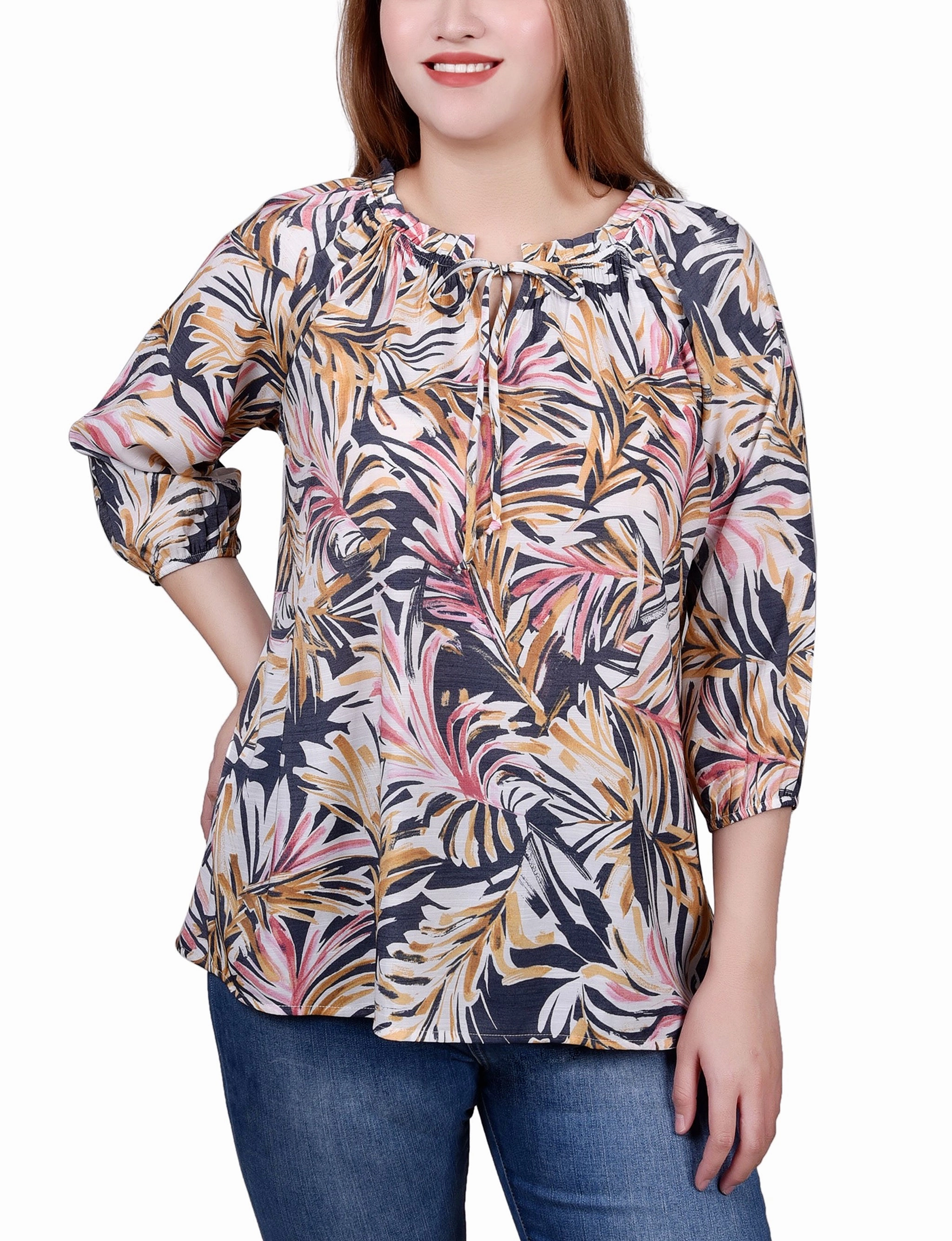 Relaxed Hoodie Compression Gradient Petite 3/4 Sleeve Drawstring Neck Blouse