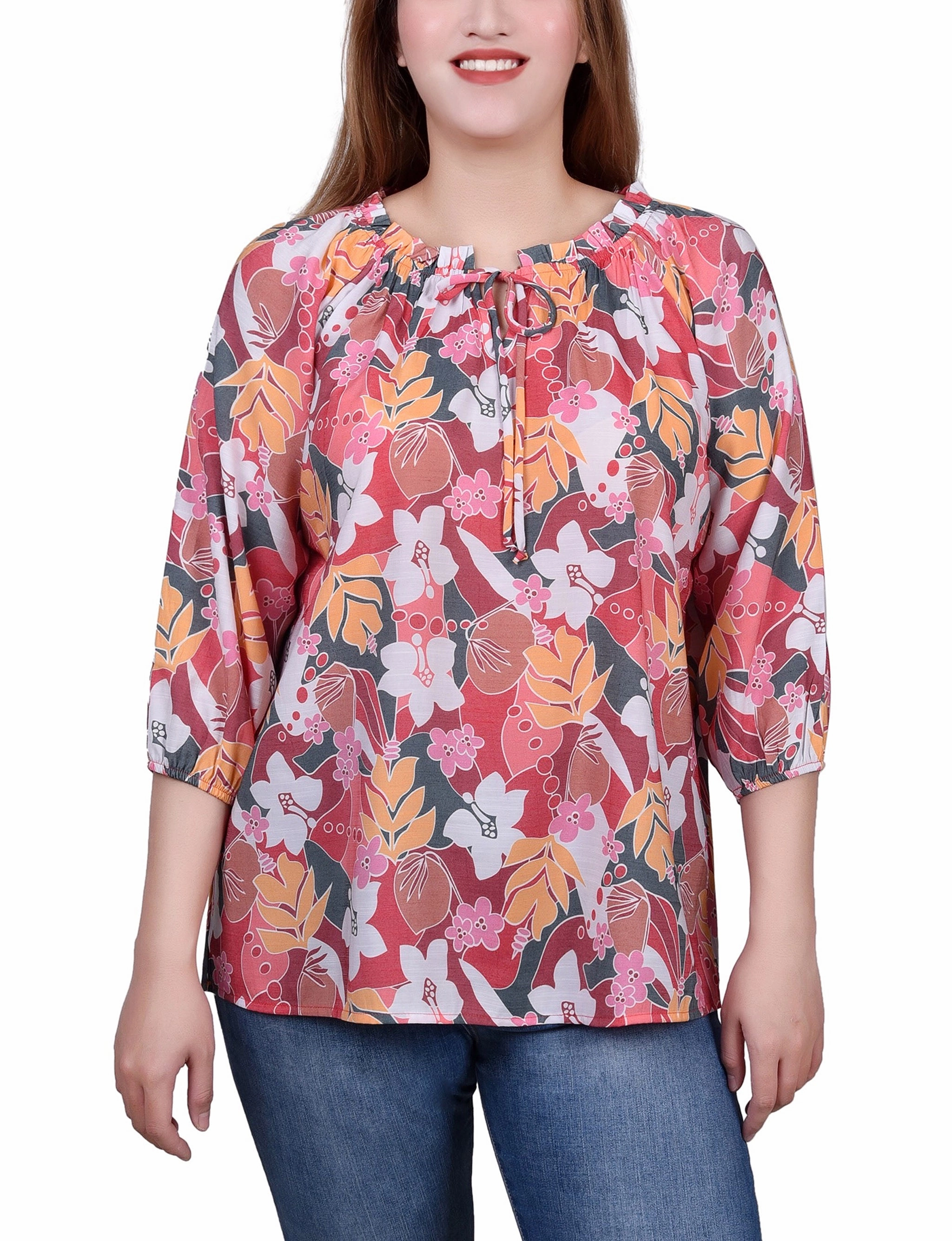 Petite 3/4 Sleeve Drawstring Neck Blouse Ribbed Neckline DurableDoubleLayeredHem