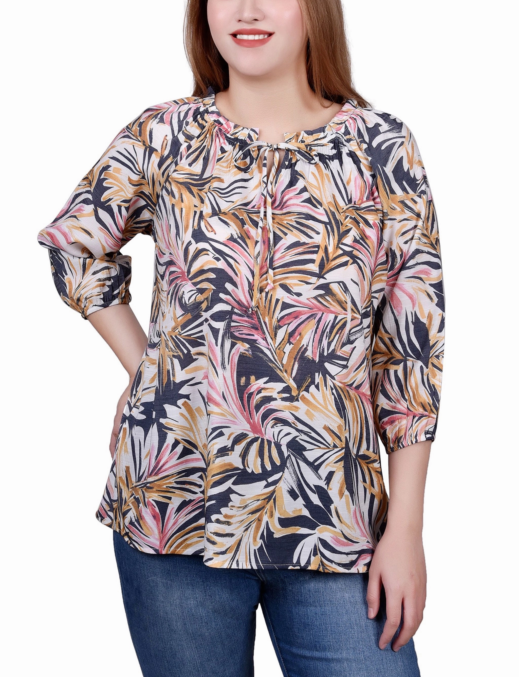 Petite 3/4 Sleeve Drawstring Neck Blouse Airflow Mesh Insert Wrinkle Resistant Finish