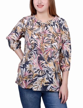 Relaxed Hoodie Compression Gradient Petite 3/4 Sleeve Drawstring Neck Blouse