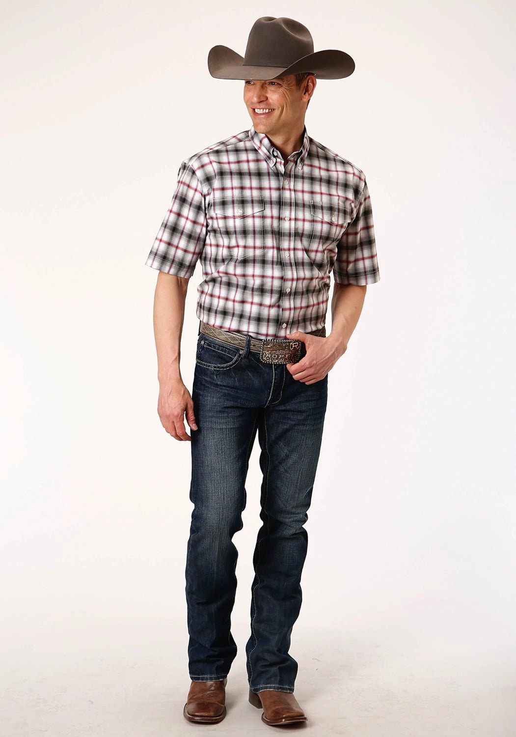 Casual Sophistication Roper Mens Black Cotton Blend Ombre Stretch BD S/S 2 Pocket Shirt