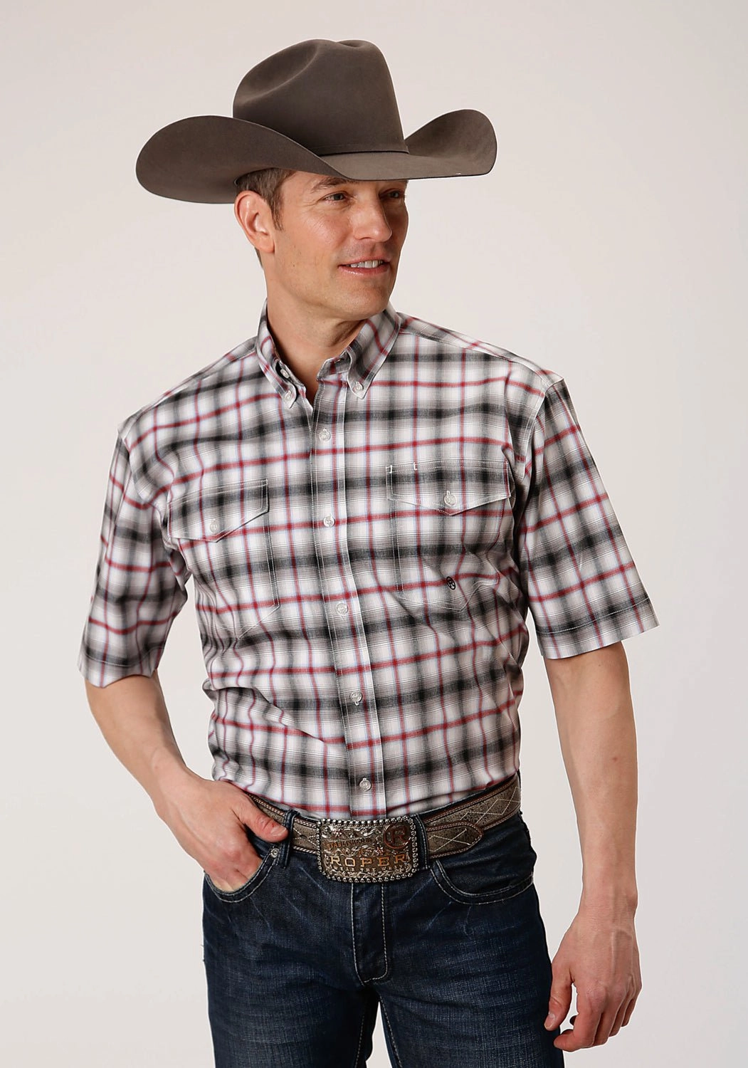 Roper Mens Black Cotton Blend Ombre Stretch BD S/S 2 Pocket Shirt Pastel Shade