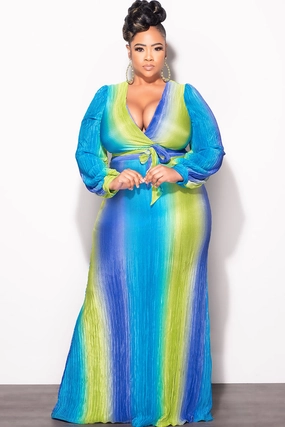 Functional Fashion Final Sale Plus Size 2pc Long Sleeve Crop Tie Top and Skirt Set in Pleated Purple, Lime, & Turquoise Queen