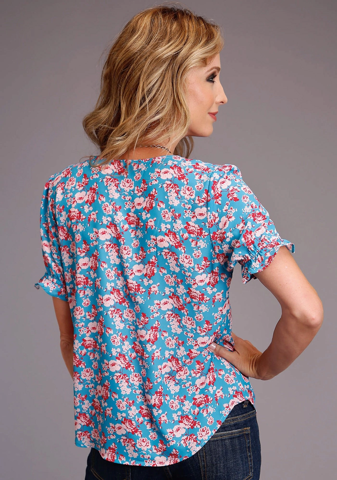 Stetson Womens Blue Polyester Multi-Color Floral S/S Blouse Chilly Day Wear Abstract art