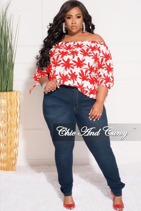 Final Sale Plus Size Off the Shoulder Top in White and Red Chestnut Leaf Print Full Coverage