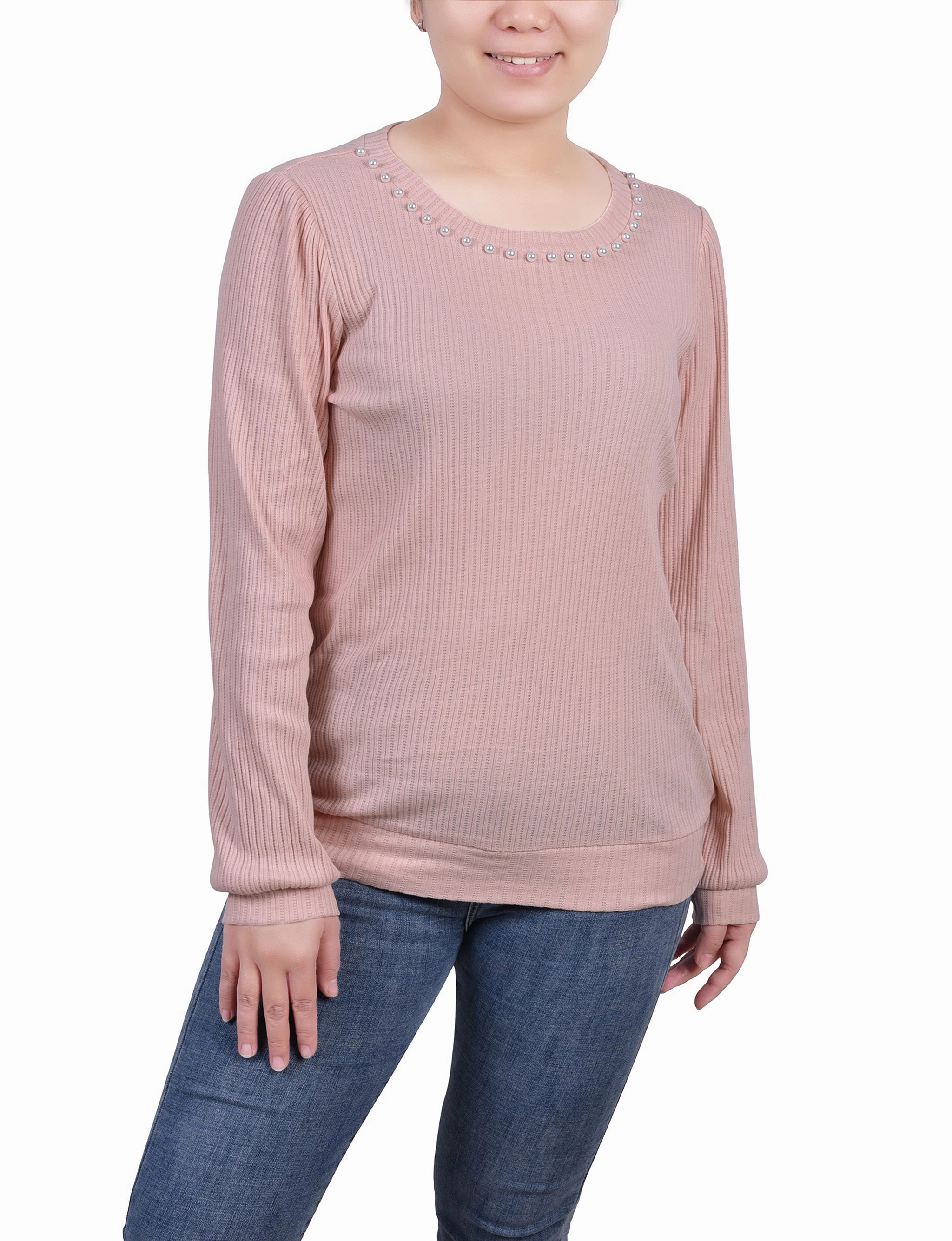 LatticeKnit Petite Long Sleeve Ribbed Pearl Trimmed Top