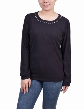 Cooling Technology Petite Long Sleeve Ribbed Pearl Trimmed Top