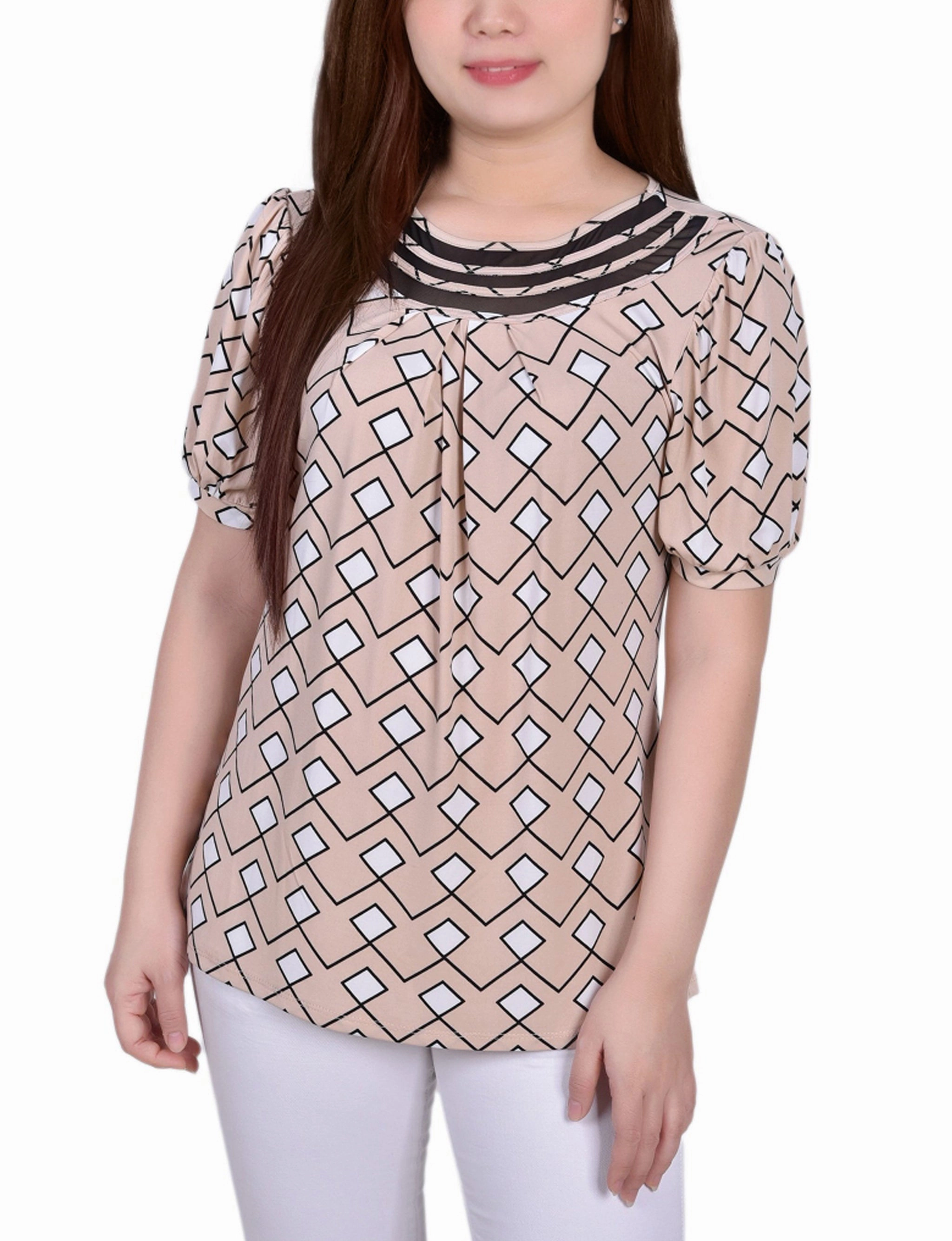 FourWay Stretch Petite Short Puff Sleeve Mesh Inset Top