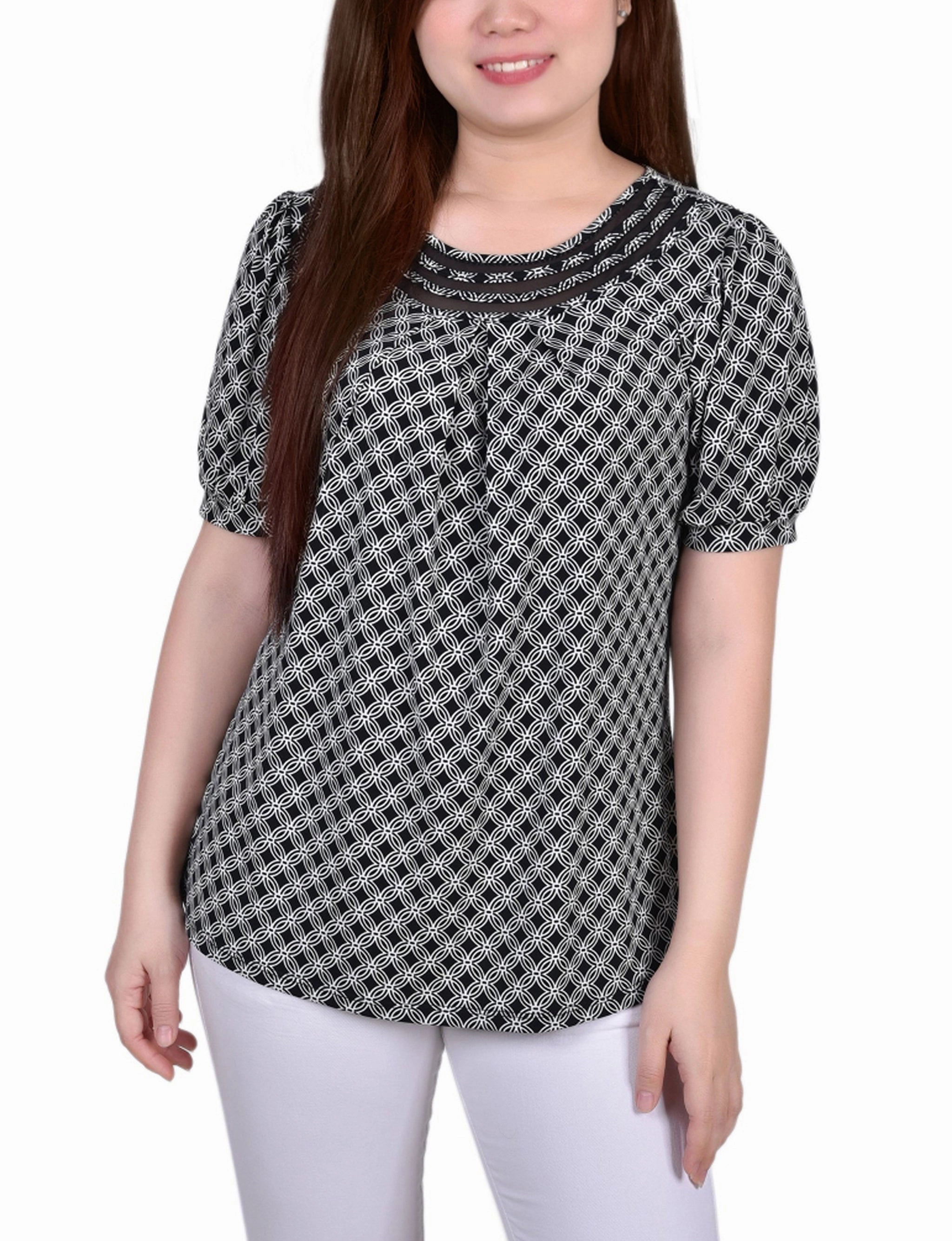 Ventilated Panel Design Petite Short Puff Sleeve Mesh Inset Top