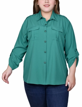 Plus Size 3/4 Sleeve Roll Tab Blouse FullCut Shoulder