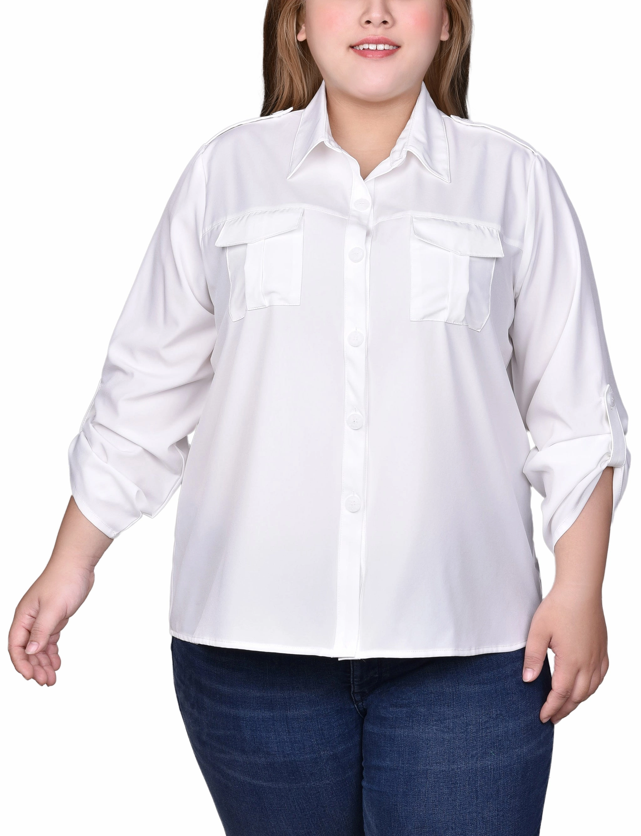 StaticResistantFabric Plus Size 3/4 Sleeve Roll Tab Blouse