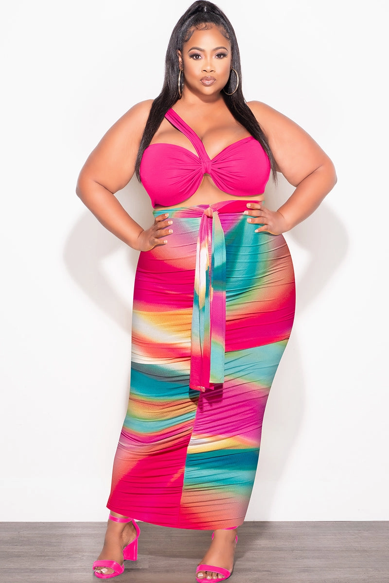 Stretch Ready Double Layered Hem Final Sale Plus Size 2pc One Shoulder Twist Front Bra Top and Skirt in Fuchsia Multi Color Tie Dye Print