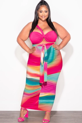 Final Sale Plus Size 2pc One Shoulder Twist Front Bra Top and Skirt in Fuchsia Multi Color Tie Dye Print FunctionalZipper