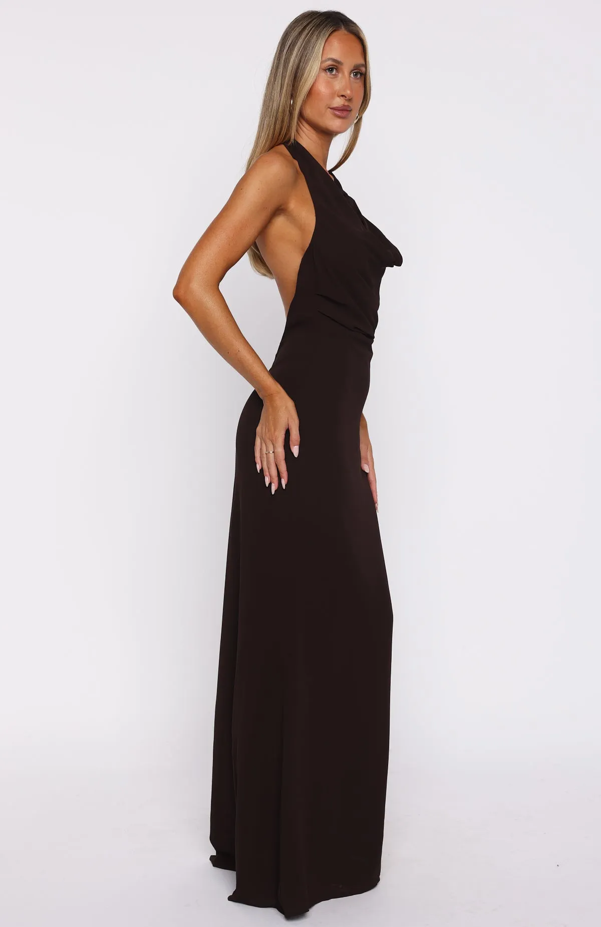 Always In Mode Halter Maxi Dress Chocolate Reinforced Shoulder Seams