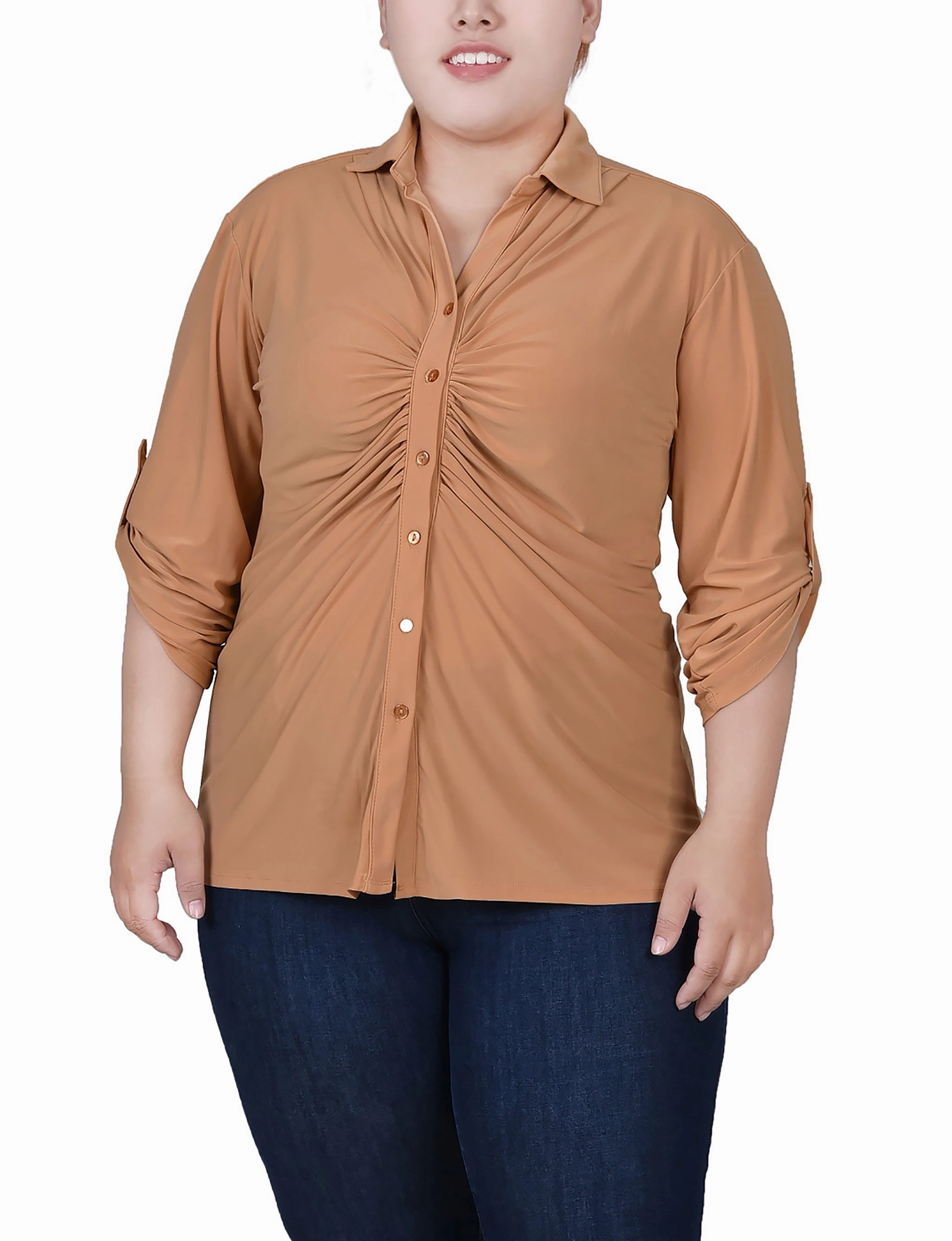 Plus Size 3/4 Roll Tab Rouched-Front Top FadeResistant Coating ThermalLining