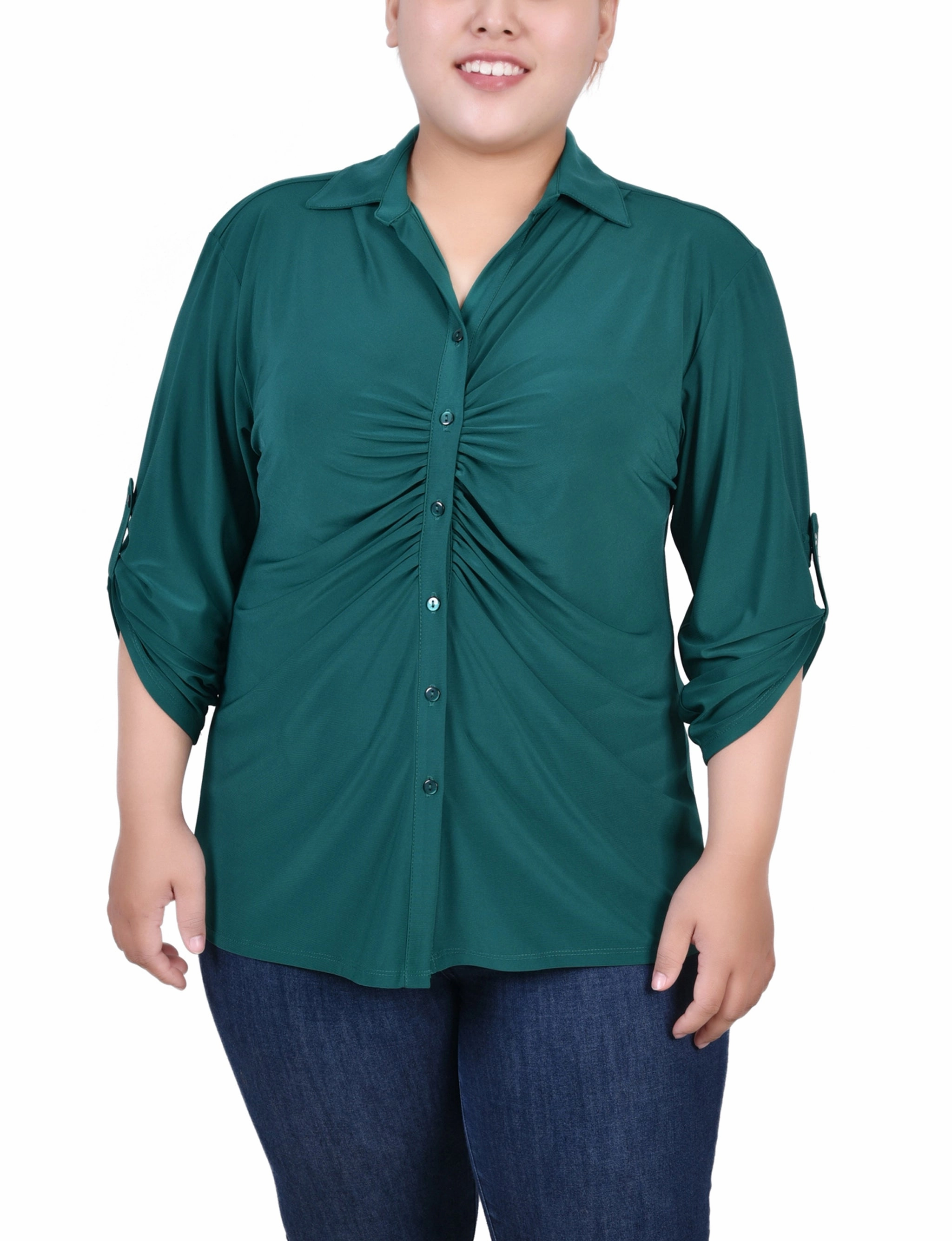 AdjustableClosure Plus Size 3/4 Roll Tab Rouched-Front Top