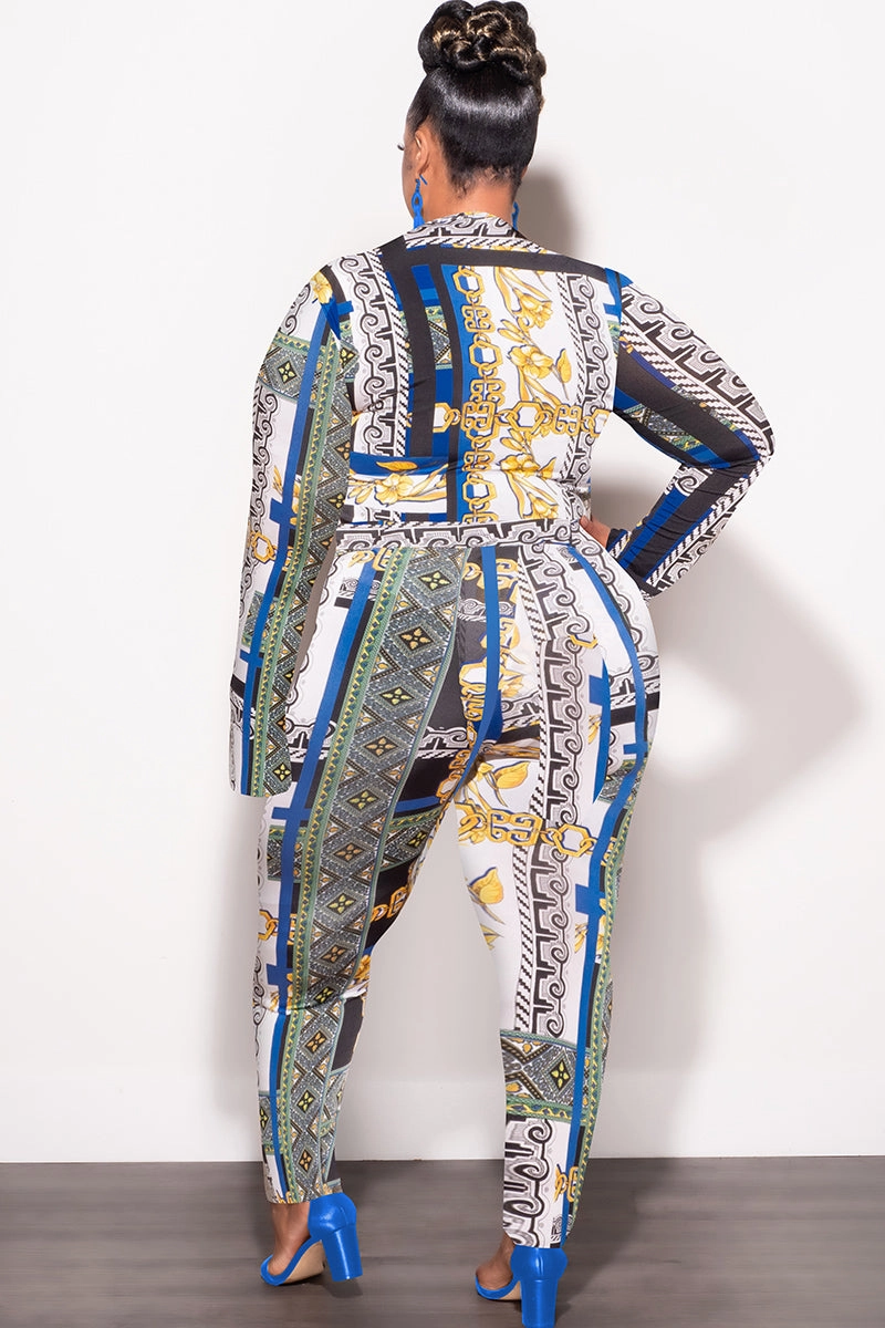 Hypoallergenic fabric Comfy Flex Final Sale Plus Size 2pc (Bodysuit & Pants) Set in Blue Gold Print