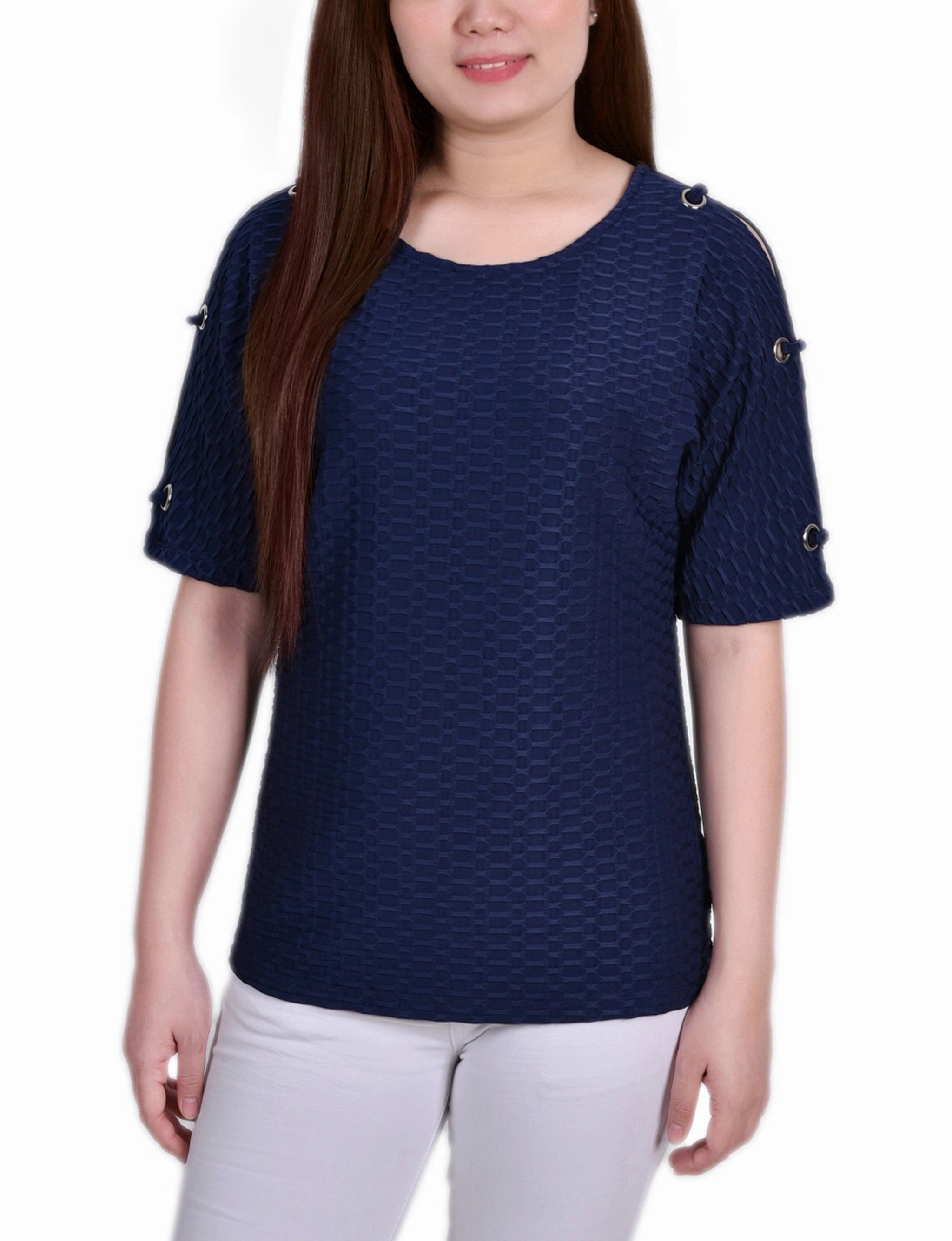 HoodedVersion Short Sleeve Honeycomb Textured Grommet Top
