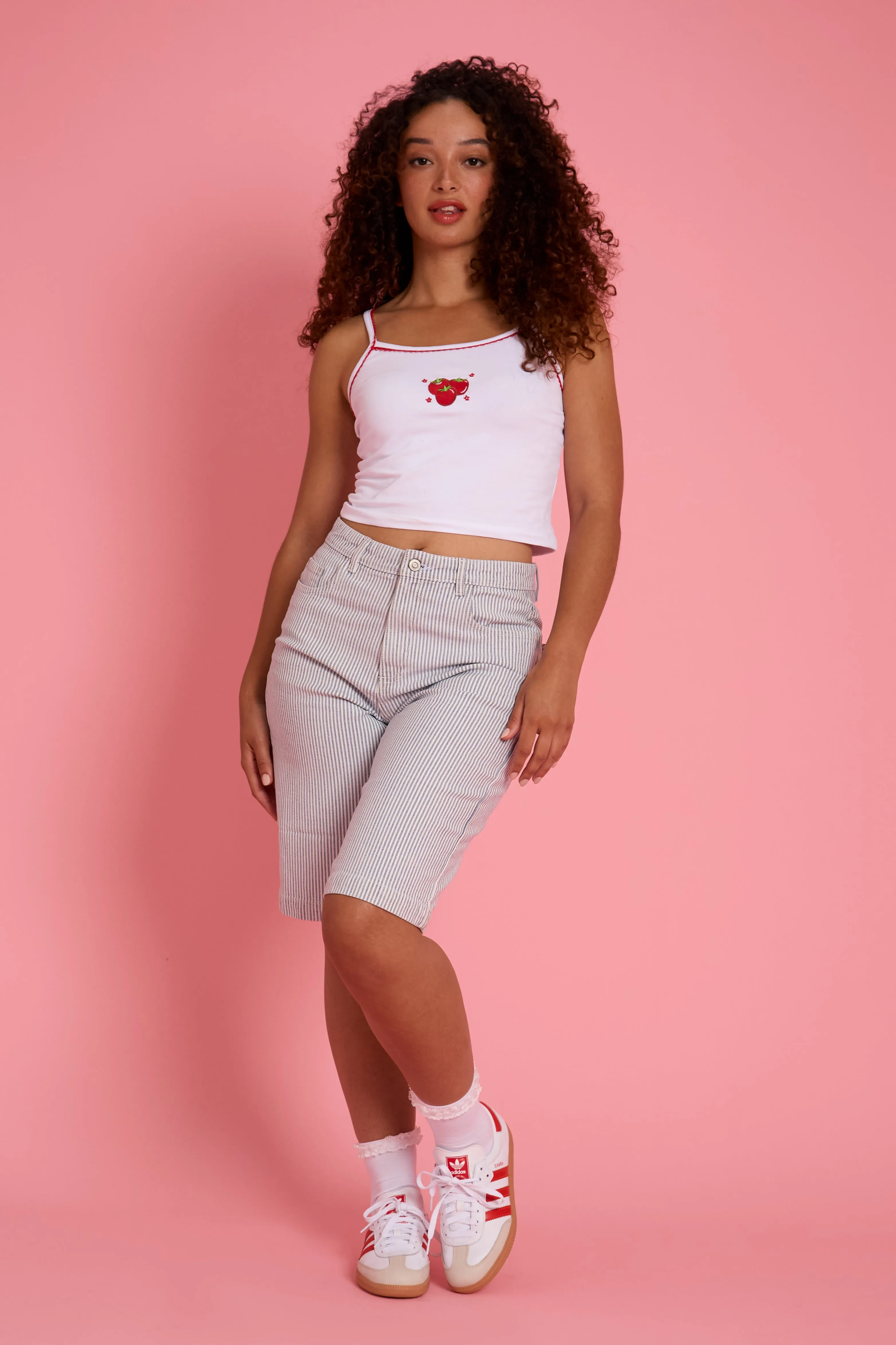 CompactSize Nova Tomato Embroidered Stripe Denim Jorts