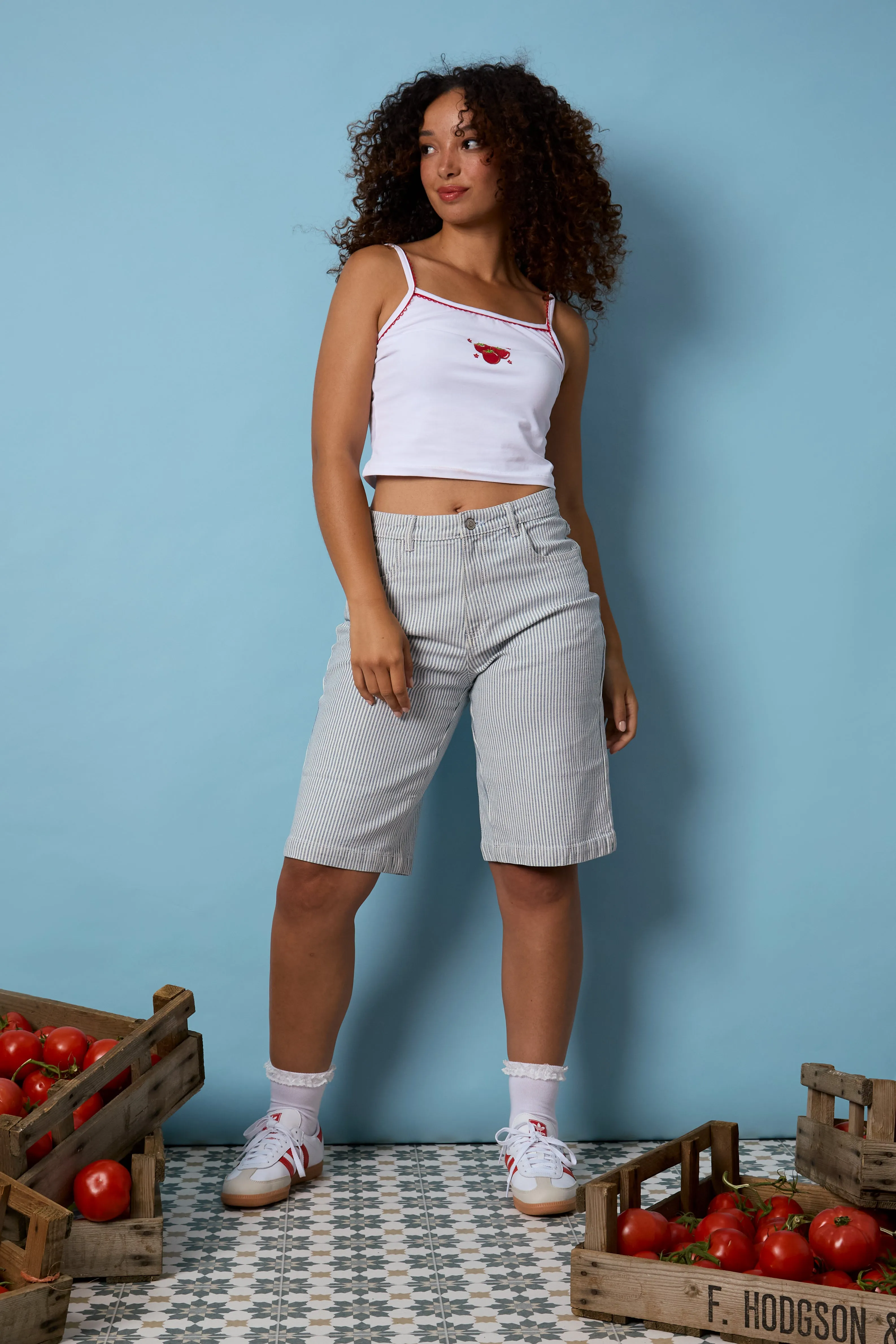 Nova Tomato Embroidered Stripe Denim Jorts Double Layered Hem