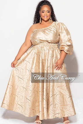 BreathableLining Final Sale Plus Size One Shoulder  Dress with  Front Cutout and Gold and Brown Design Print