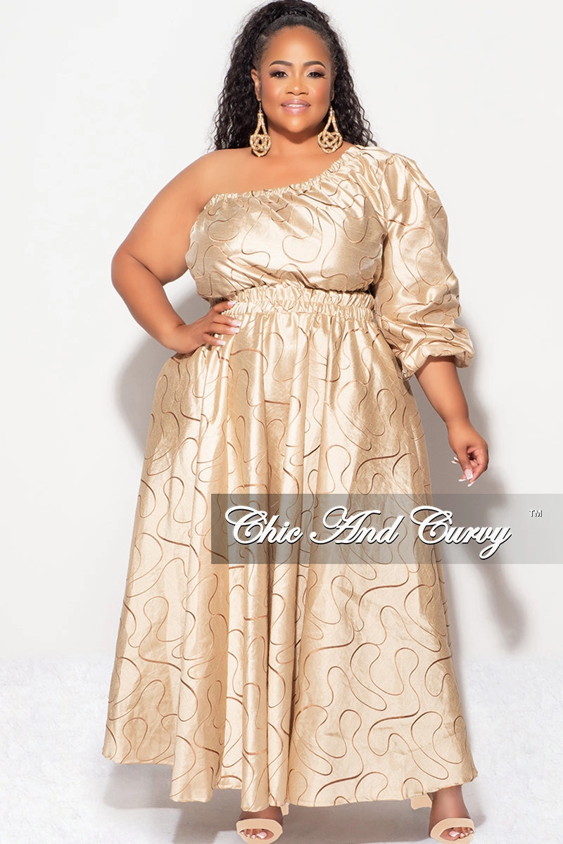 Final Sale Plus Size One Shoulder  Dress with  Front Cutout and Gold and Brown Design Print Slim Stretch Fit