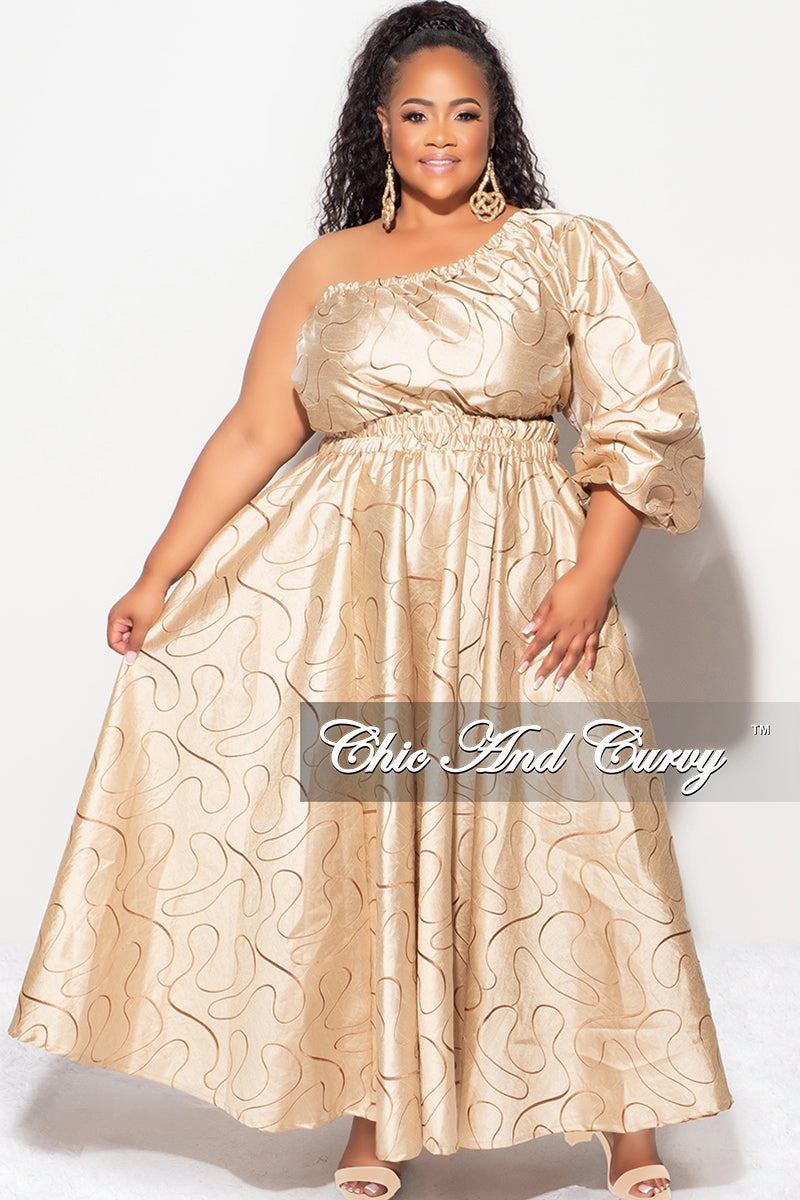BreathableLining Final Sale Plus Size One Shoulder  Dress with  Front Cutout and Gold and Brown Design Print