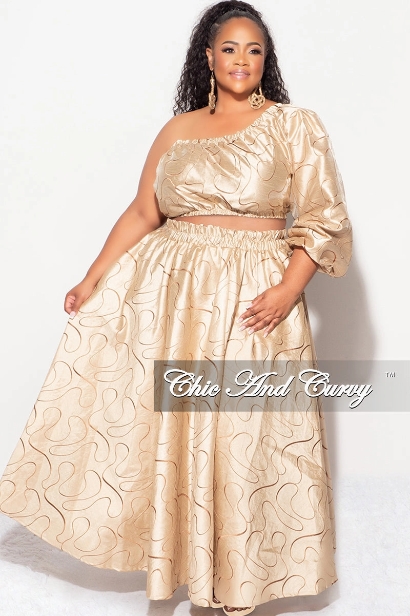 Adaptive Fit Breath Flex Final Sale Plus Size One Shoulder  Dress with  Front Cutout and Gold and Brown Design Print