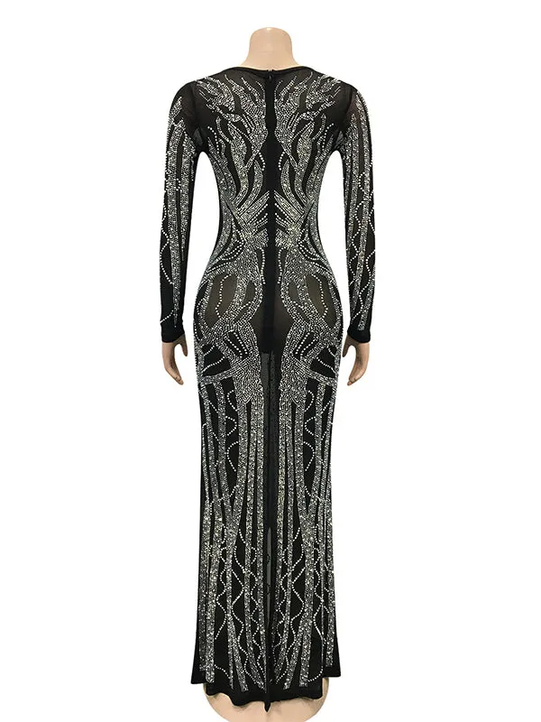 Momnfancy Black Mesh Rhinestone Sheer V-neck Long Sleeve Bodycon Photoshoot Maternity Maxi Dress