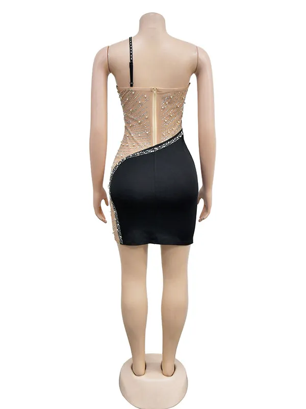 Momnfancy Heart Mesh Pearl Rhinestone Cami Bodycon Backless Oblique Shoulder Elegant Chic Baby Shower Photoshoot Maternity Mini Dress