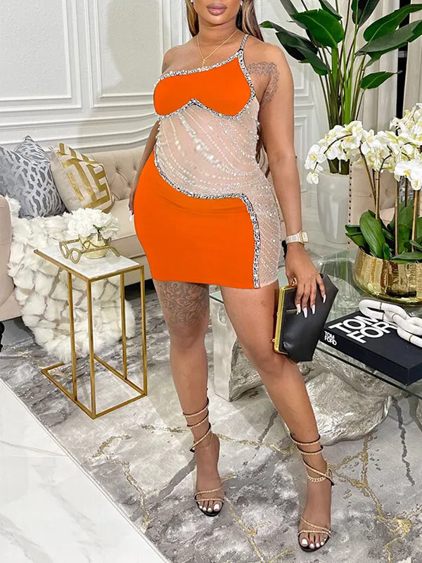 Momnfancy Heart Mesh Pearl Rhinestone Cami Bodycon Backless Oblique Shoulder Elegant Chic Baby Shower Photoshoot Maternity Mini Dress