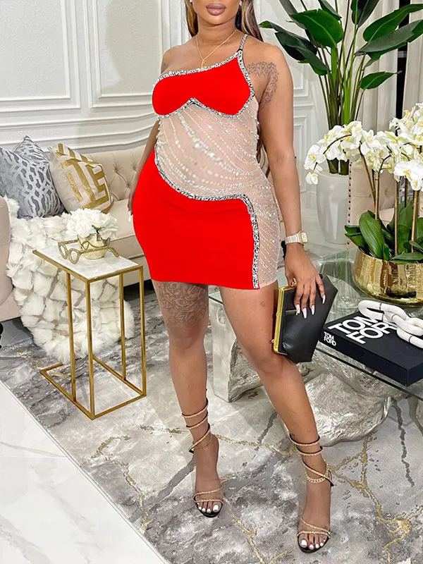Momnfancy Heart Mesh Pearl Rhinestone Cami Bodycon Backless Oblique Shoulder Elegant Chic Baby Shower Photoshoot Maternity Mini Dress