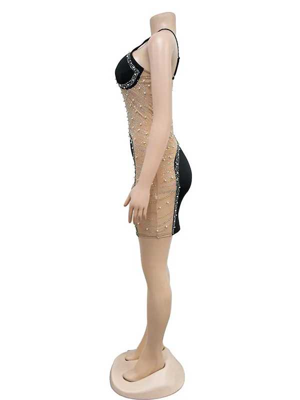 Momnfancy Heart Mesh Pearl Rhinestone Cami Bodycon Backless Oblique Shoulder Elegant Chic Baby Shower Photoshoot Maternity Mini Dress