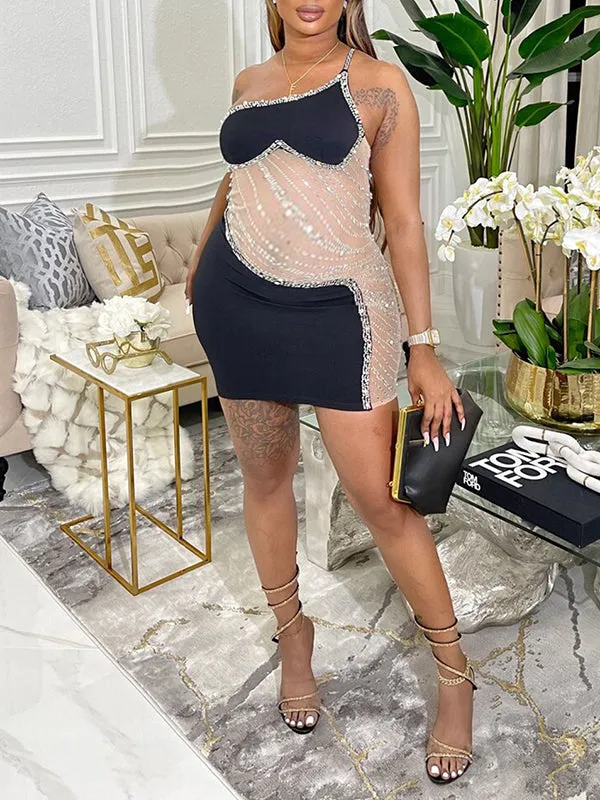 Momnfancy Heart Mesh Pearl Rhinestone Cami Bodycon Backless Oblique Shoulder Elegant Chic Baby Shower Photoshoot Maternity Mini Dress