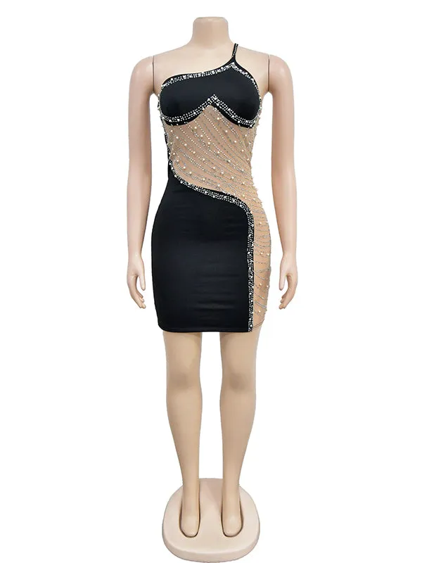 Momnfancy Heart Mesh Pearl Rhinestone Cami Bodycon Backless Oblique Shoulder Elegant Chic Baby Shower Photoshoot Maternity Mini Dress